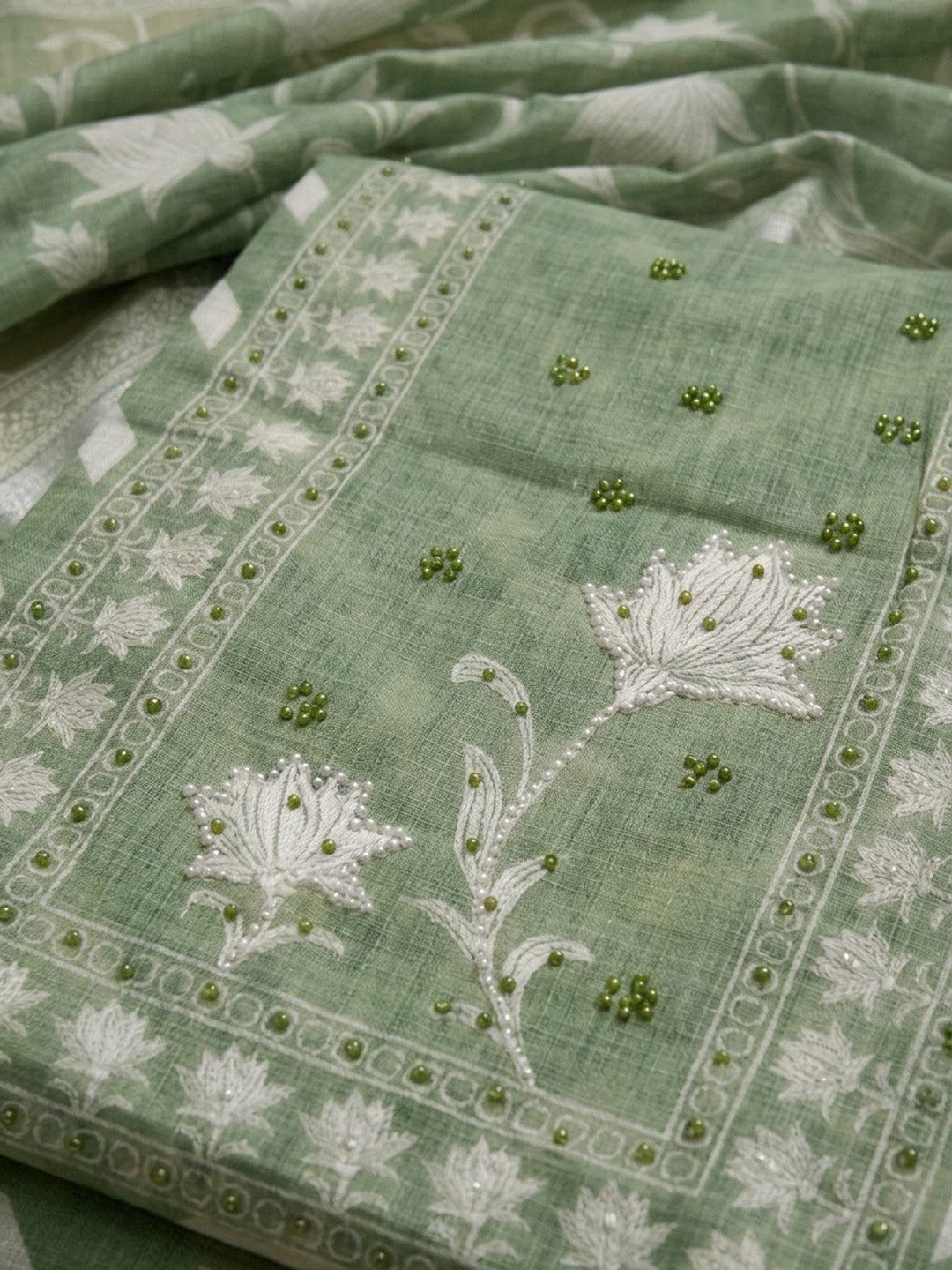 Pista Green Printed Linen Blend Unstitched Dress Material