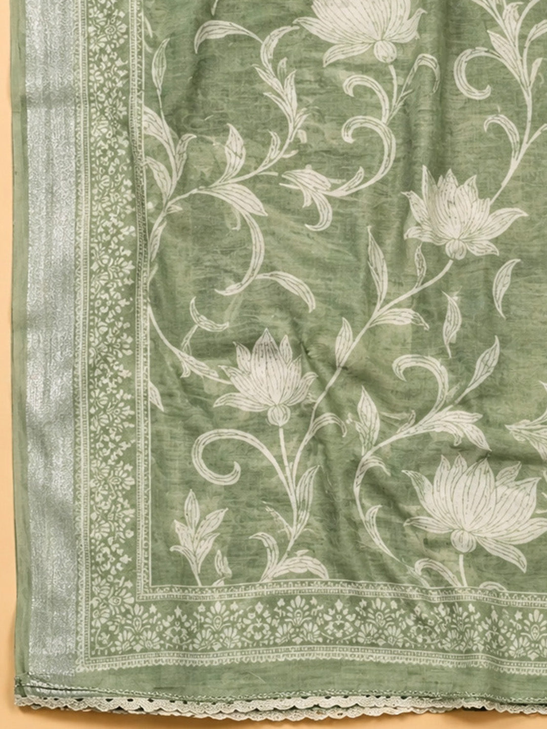 Pista Green Printed Linen Blend Unstitched Dress Material