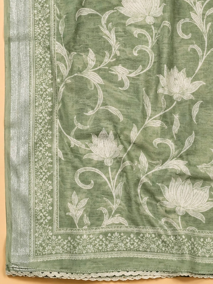 Pista Green Printed Linen Blend Unstitched Dress Material