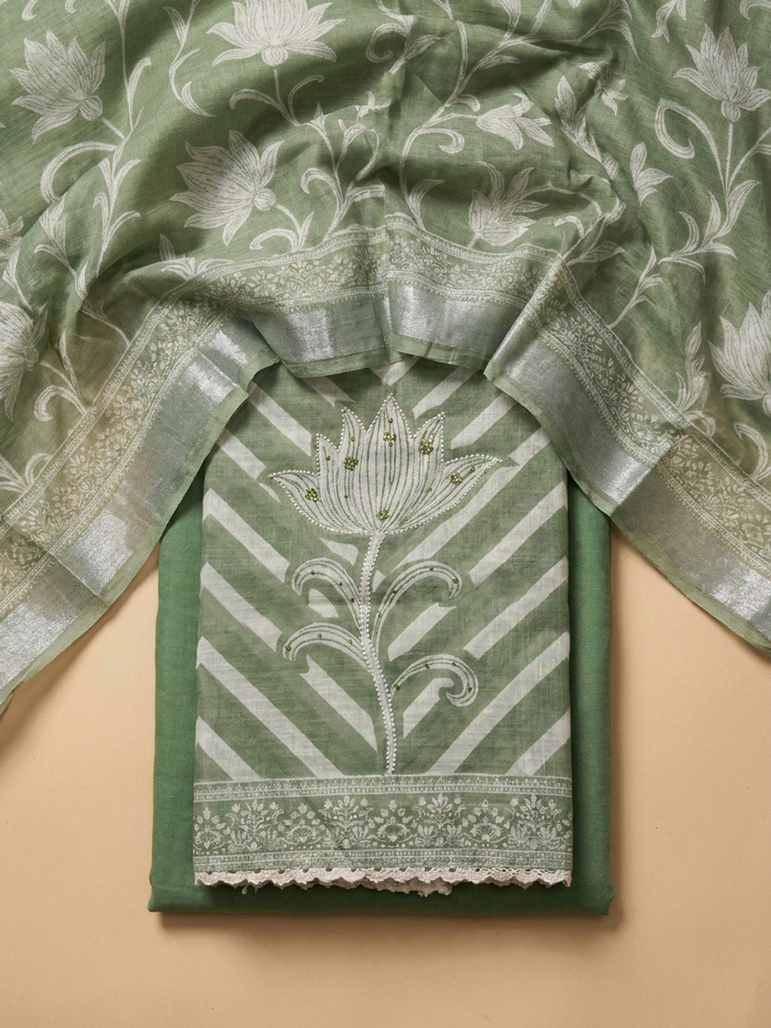 Pista Green Printed Linen Blend Unstitched Dress Material
