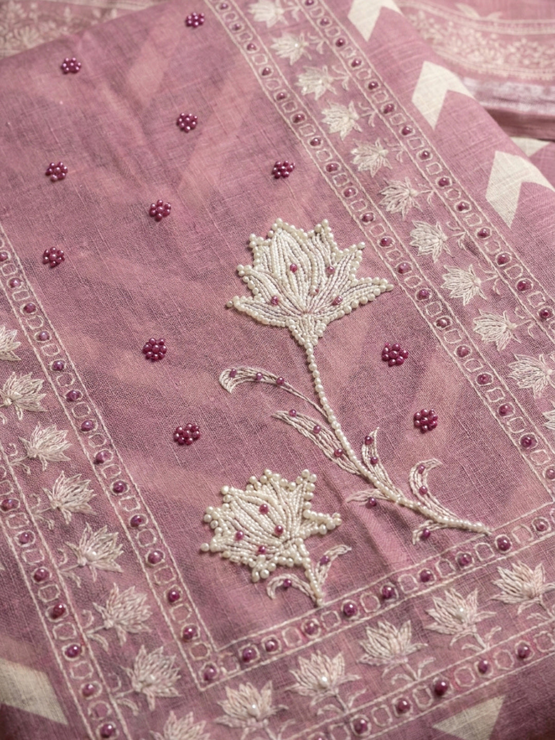Purple Printed Linen Blend Unstitched Dress Material