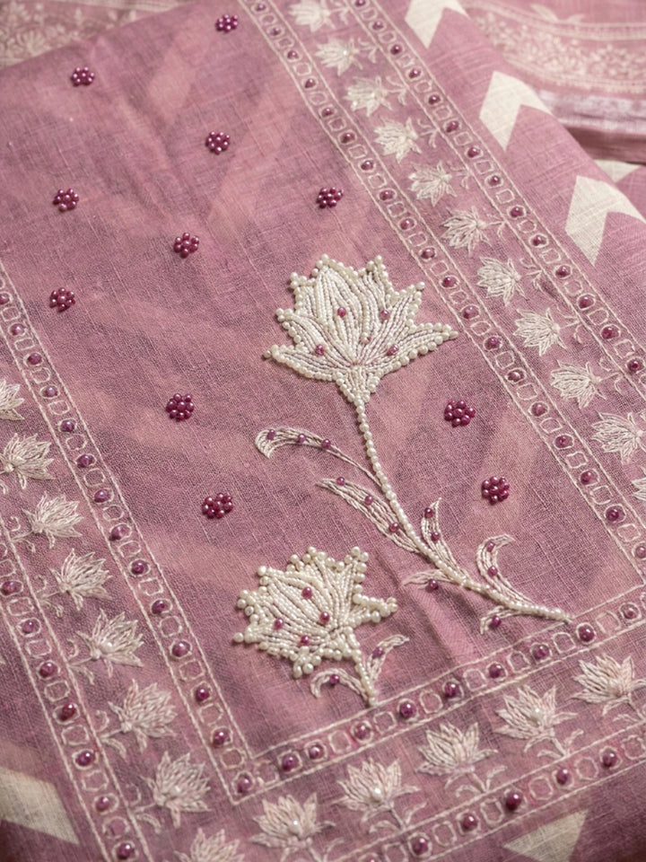 Purple Printed Linen Blend Unstitched Dress Material