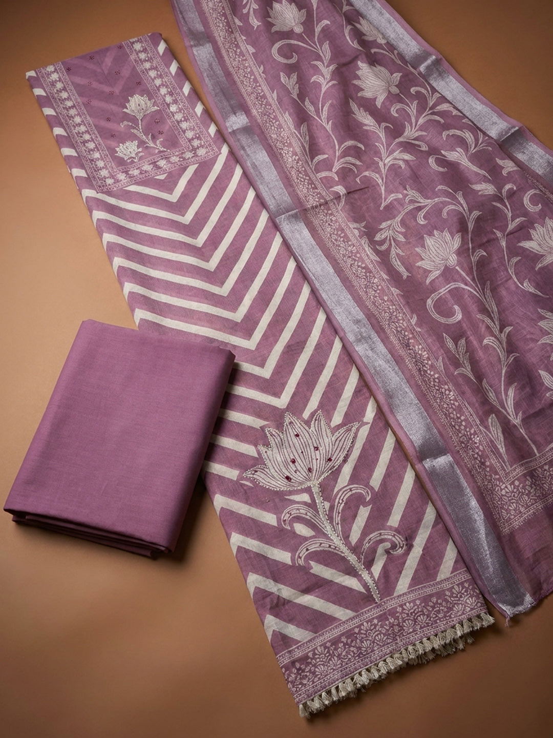 Purple Printed Linen Blend Unstitched Dress Material