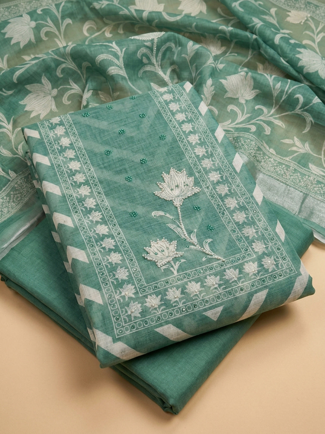 Rama Green Printed Linen Blend Unstitched Dress Material