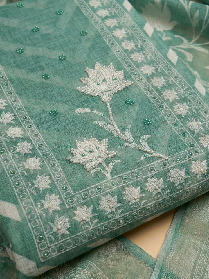 Rama Green Printed Linen Blend Unstitched Dress Material