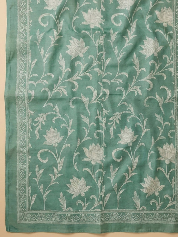 Rama Green Printed Linen Blend Unstitched Dress Material