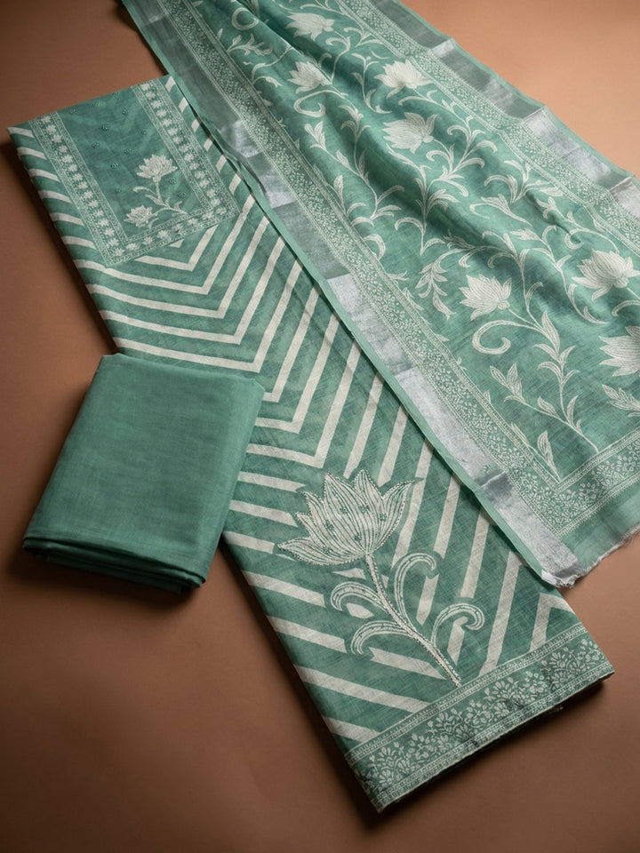 Rama Green Printed Linen Blend Unstitched Dress Material