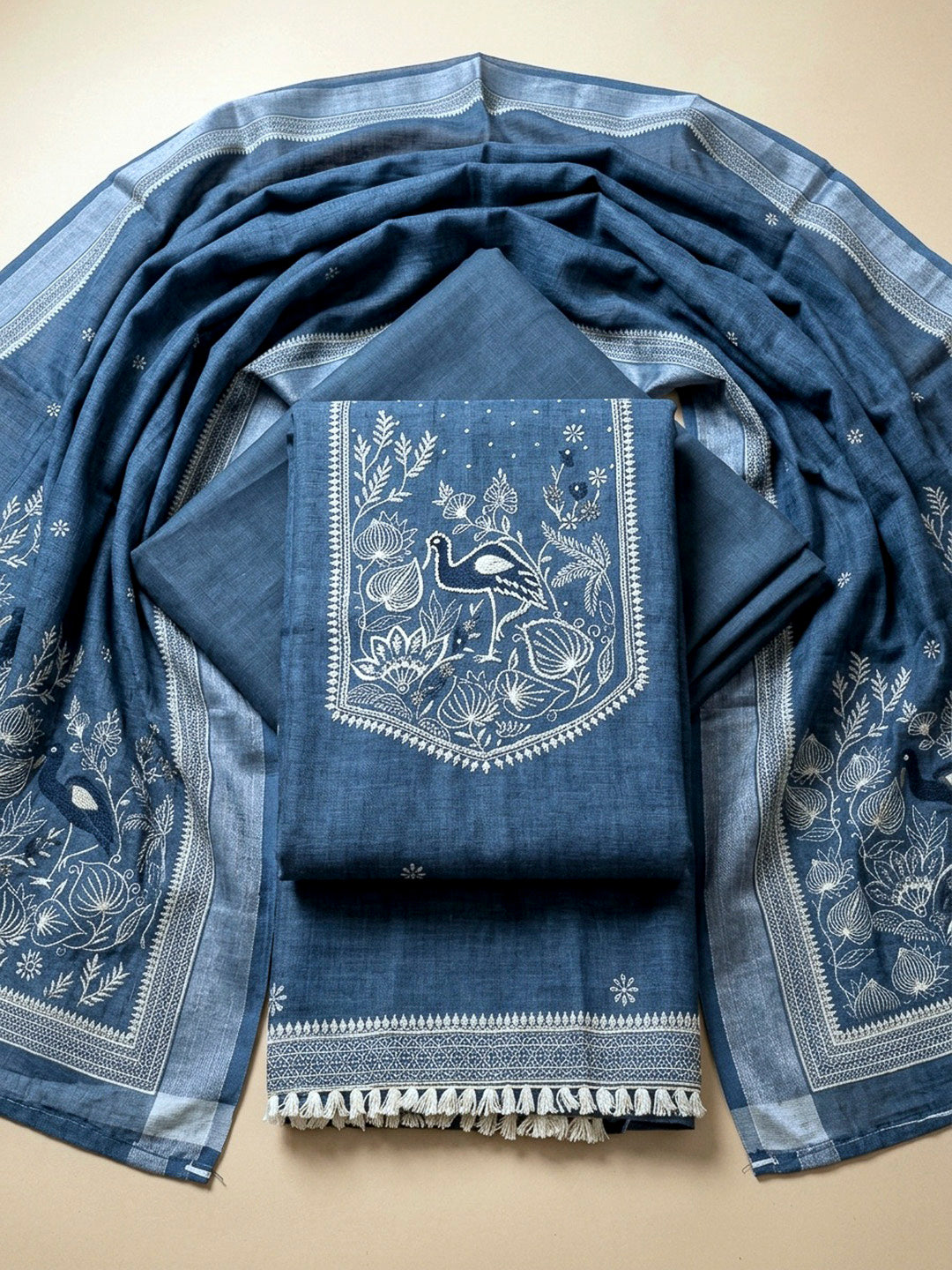 Blue Printed Linen Unstitched Dress Material