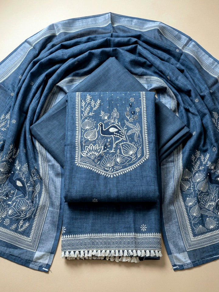 Blue Printed Linen Unstitched Dress Material