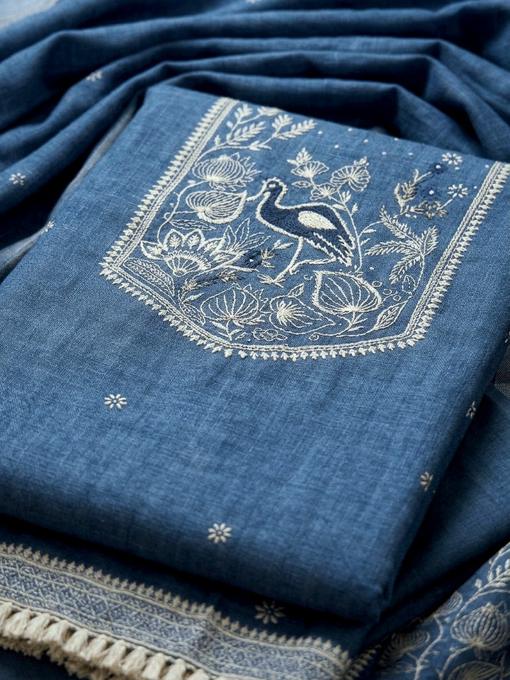 Blue Printed Linen Unstitched Dress Material
