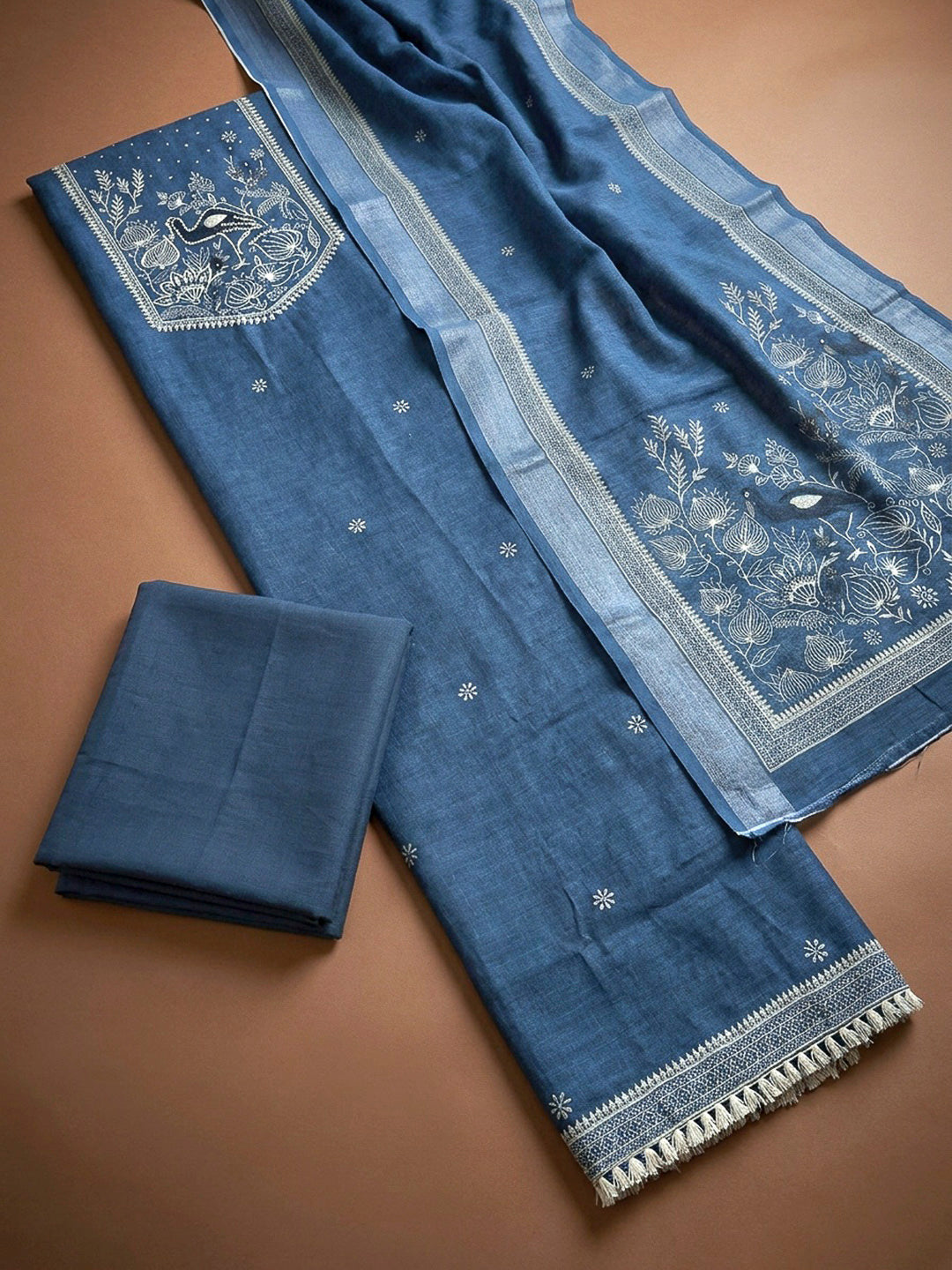 Blue Printed Linen Unstitched Dress Material