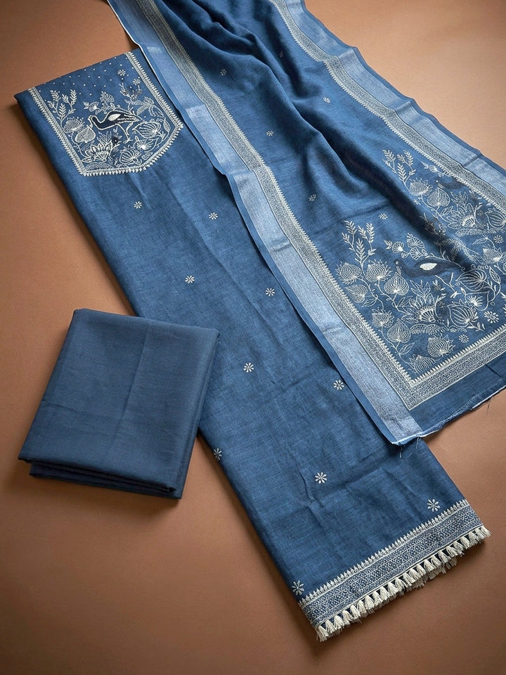 Blue Printed Linen Unstitched Dress Material