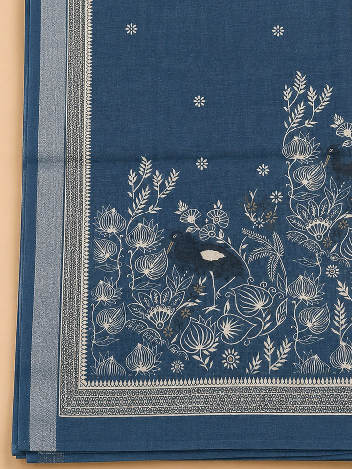 Blue Printed Linen Unstitched Dress Material
