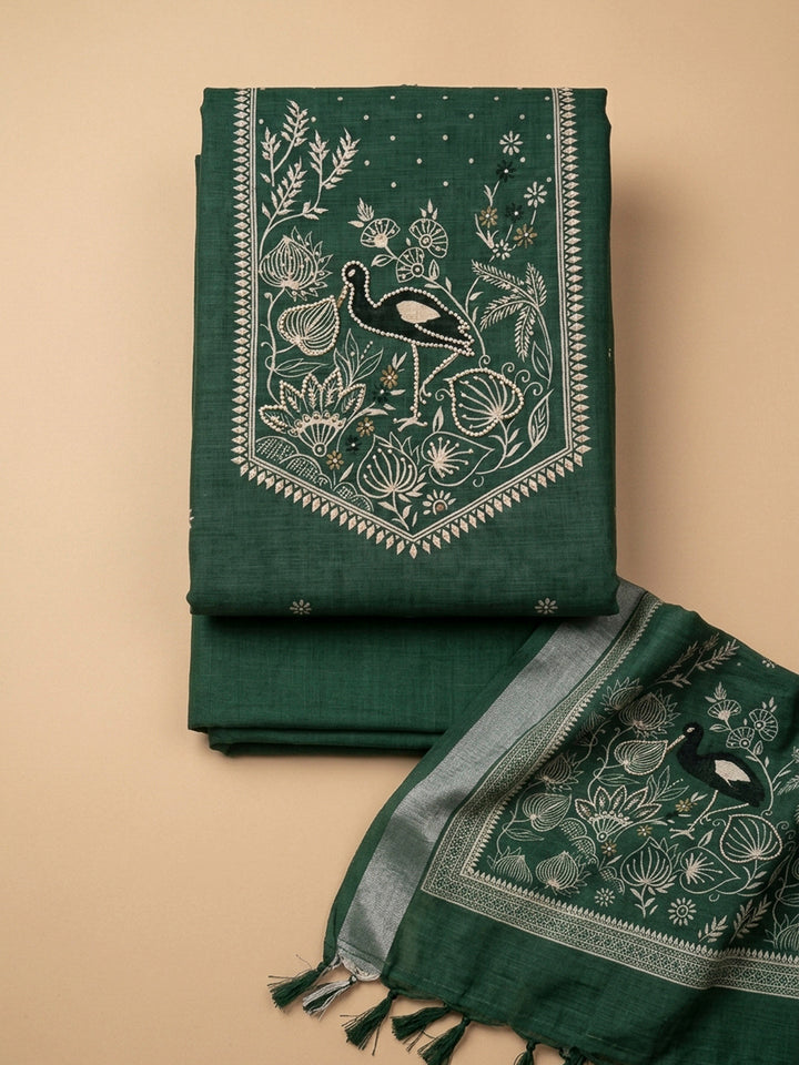Bottle Green Printed Linen Unstitched Dress Material