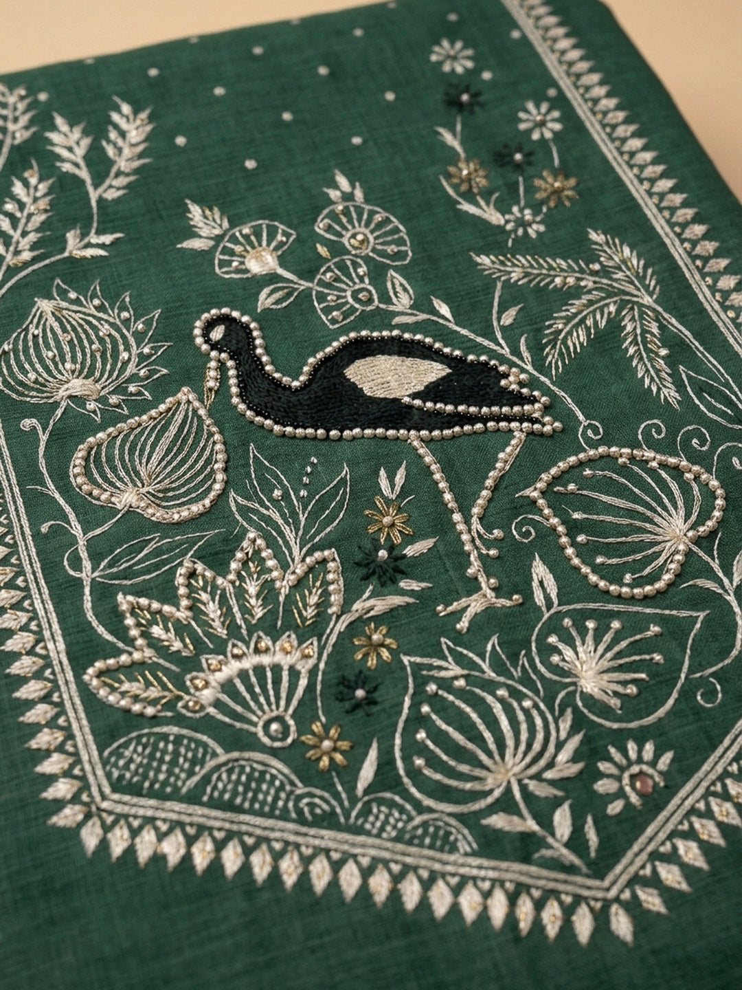 Bottle Green Printed Linen Unstitched Dress Material