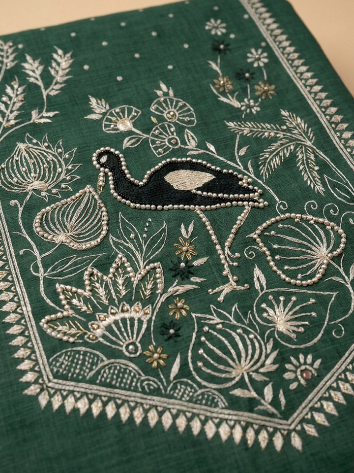 Bottle Green Printed Linen Unstitched Dress Material