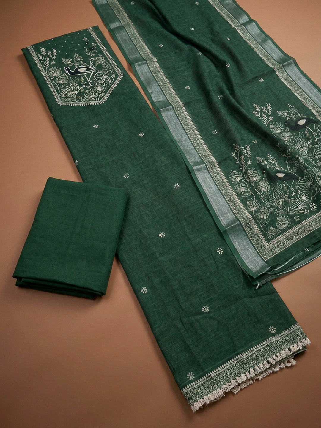 Bottle Green Printed Linen Unstitched Dress Material