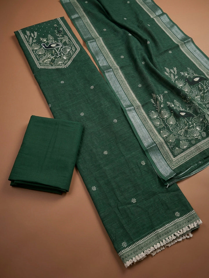 Bottle Green Printed Linen Unstitched Dress Material