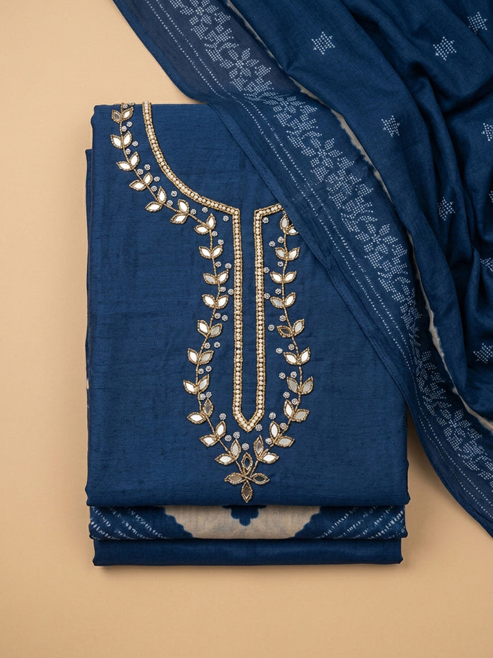 Blue Embroidery Cotton Blend Unstitched Dress Material