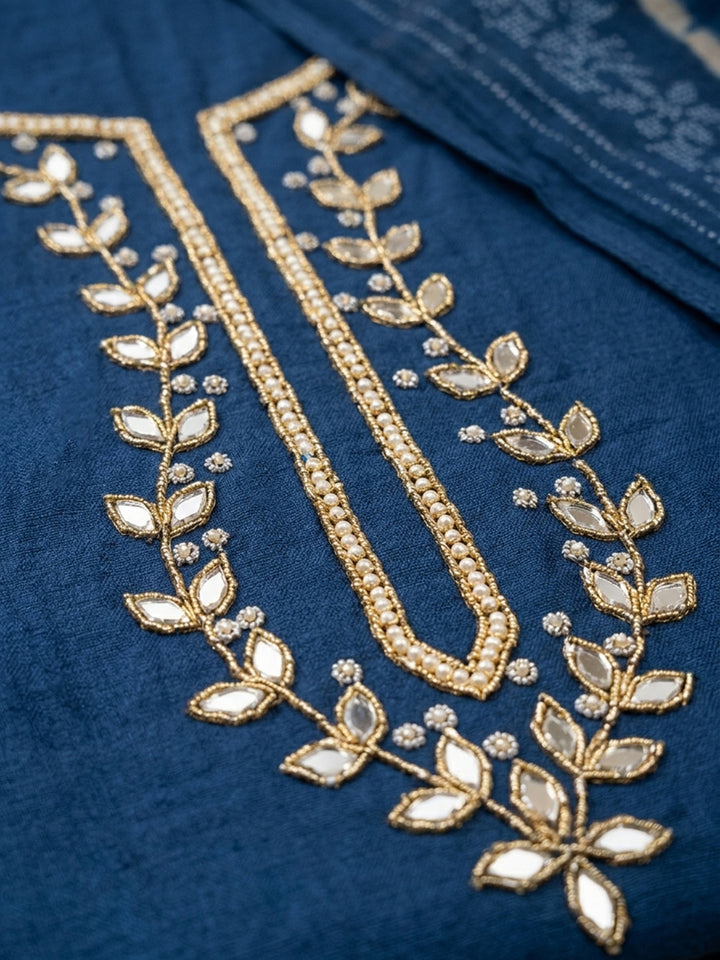Blue Embroidery Cotton Blend Unstitched Dress Material