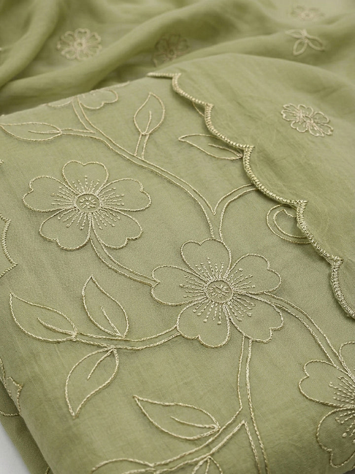 Pista Green Embroidery Chanderi Unstitched Dress Material