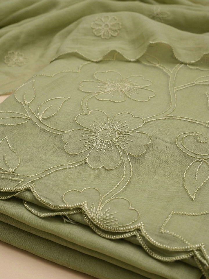 Pista Green Embroidery Chanderi Unstitched Dress Material