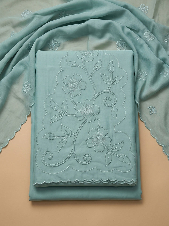 Sky Blue Embroidery Chanderi Unstitched Dress Material