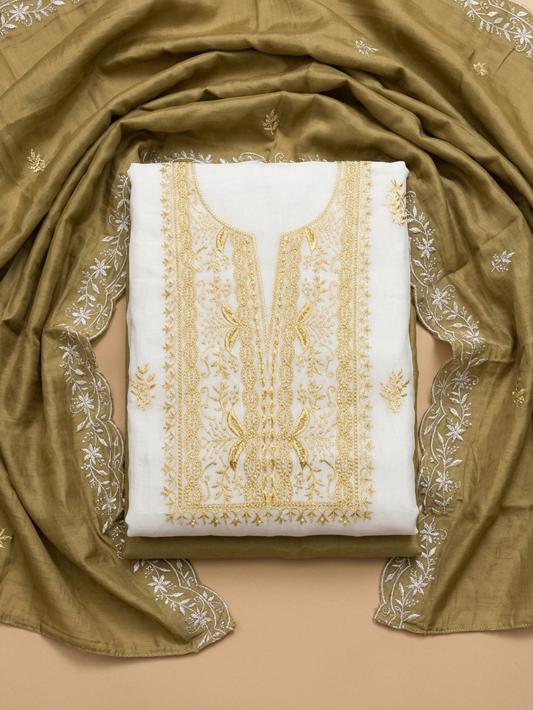 Mustard Embroidery Chanderi Unstitched Dress Material