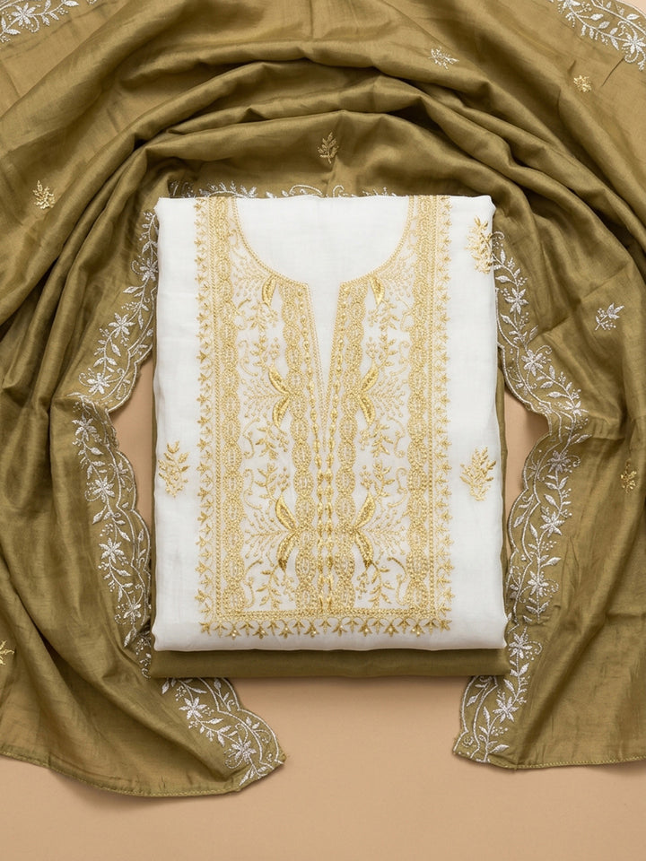 Mustard Embroidery Chanderi Unstitched Dress Material