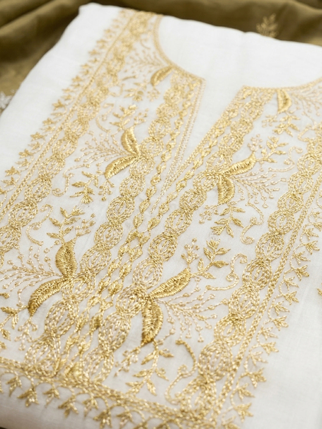 Mustard Embroidery Chanderi Unstitched Dress Material