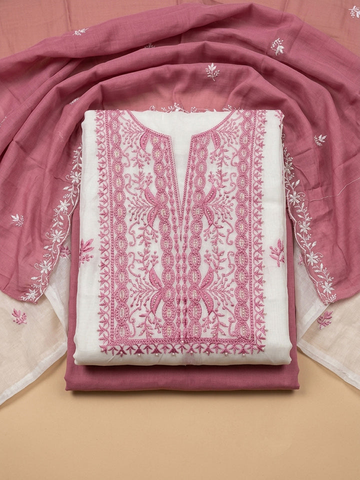 Onion Pink Embroidery Chanderi Unstitched Dress Material