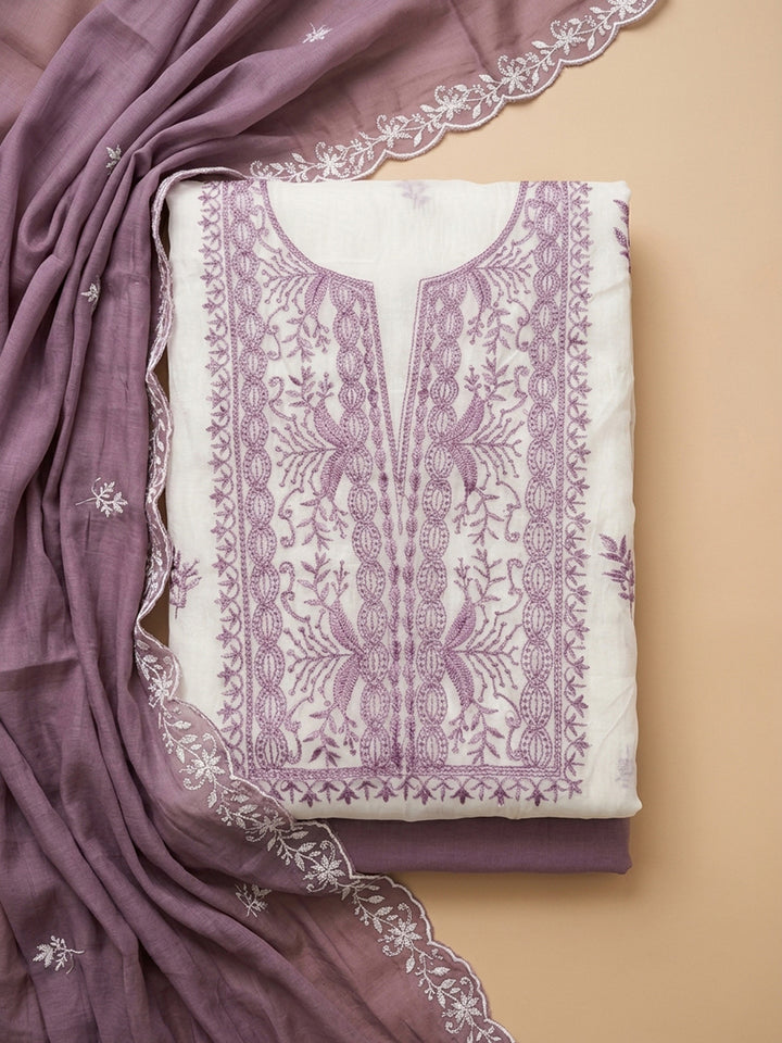 Purple Embroidery Chanderi Unstitched Dress Material