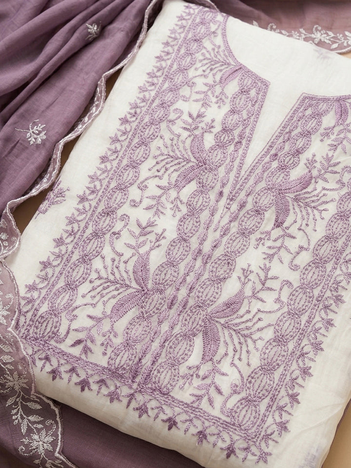 Purple Embroidery Chanderi Unstitched Dress Material
