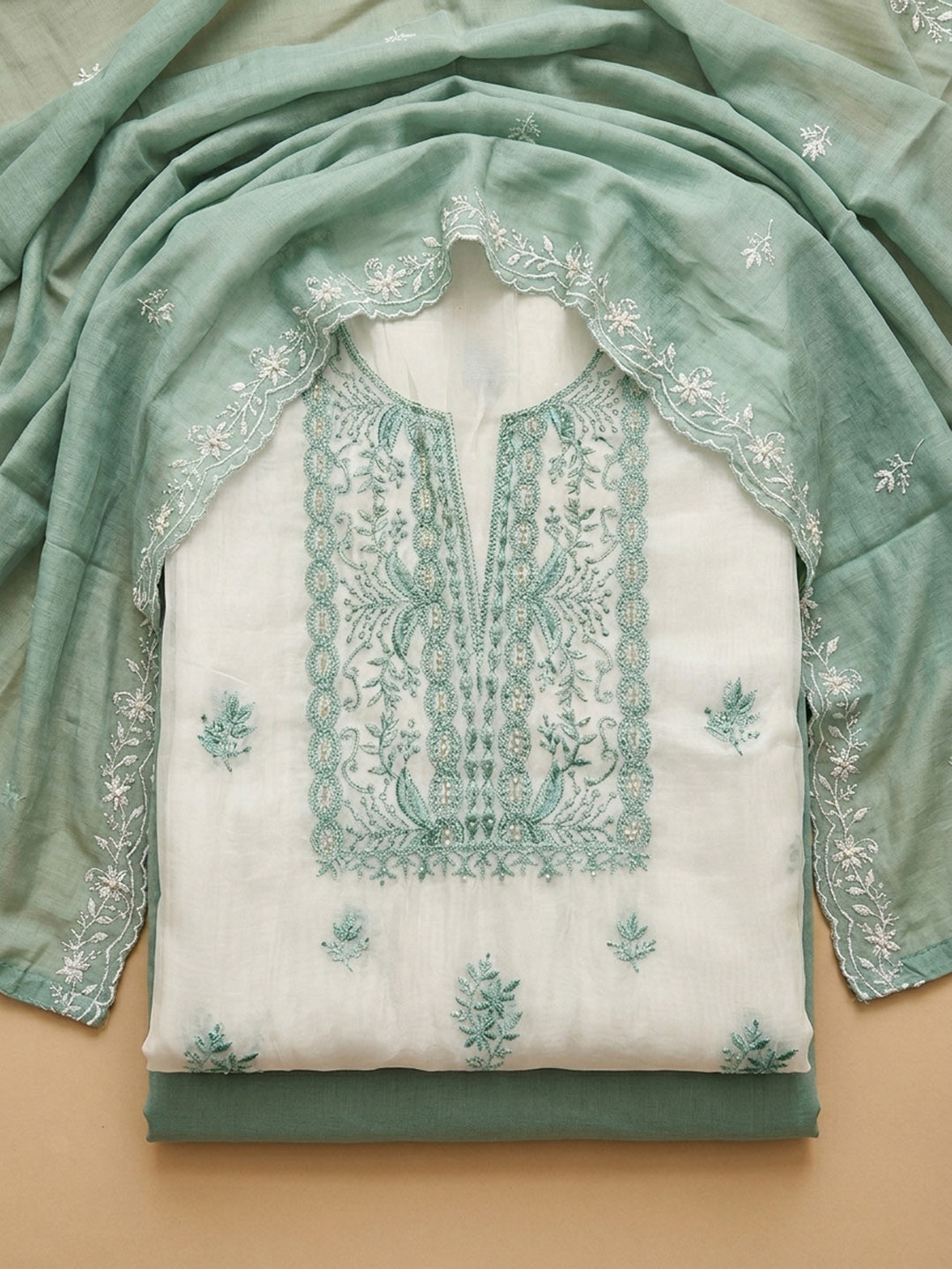 Rama Green Embroidery Chanderi Unstitched Dress Material