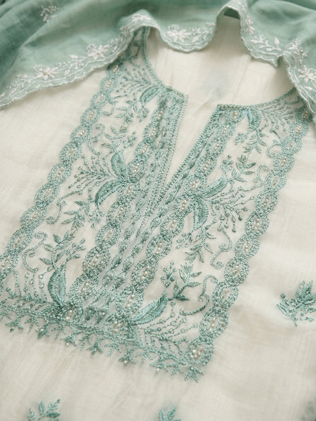Rama Green Embroidery Chanderi Unstitched Dress Material