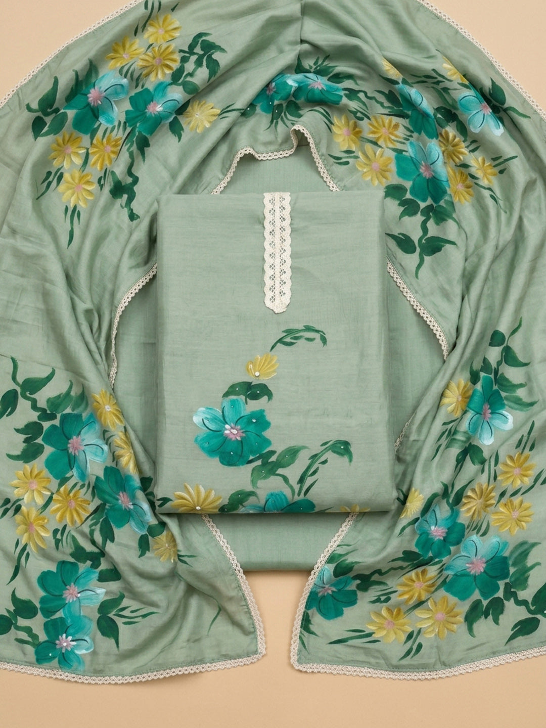 Aqua Green Printed Linen Blend Unstitched Dress Material
