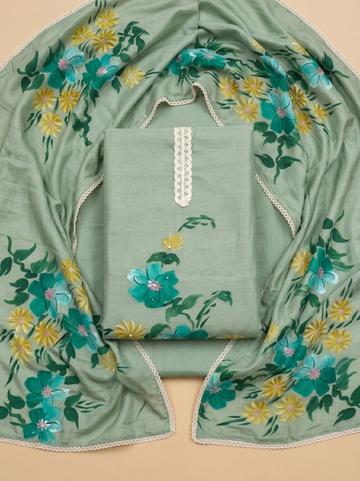 Aqua Green Printed Linen Blend Unstitched Dress Material