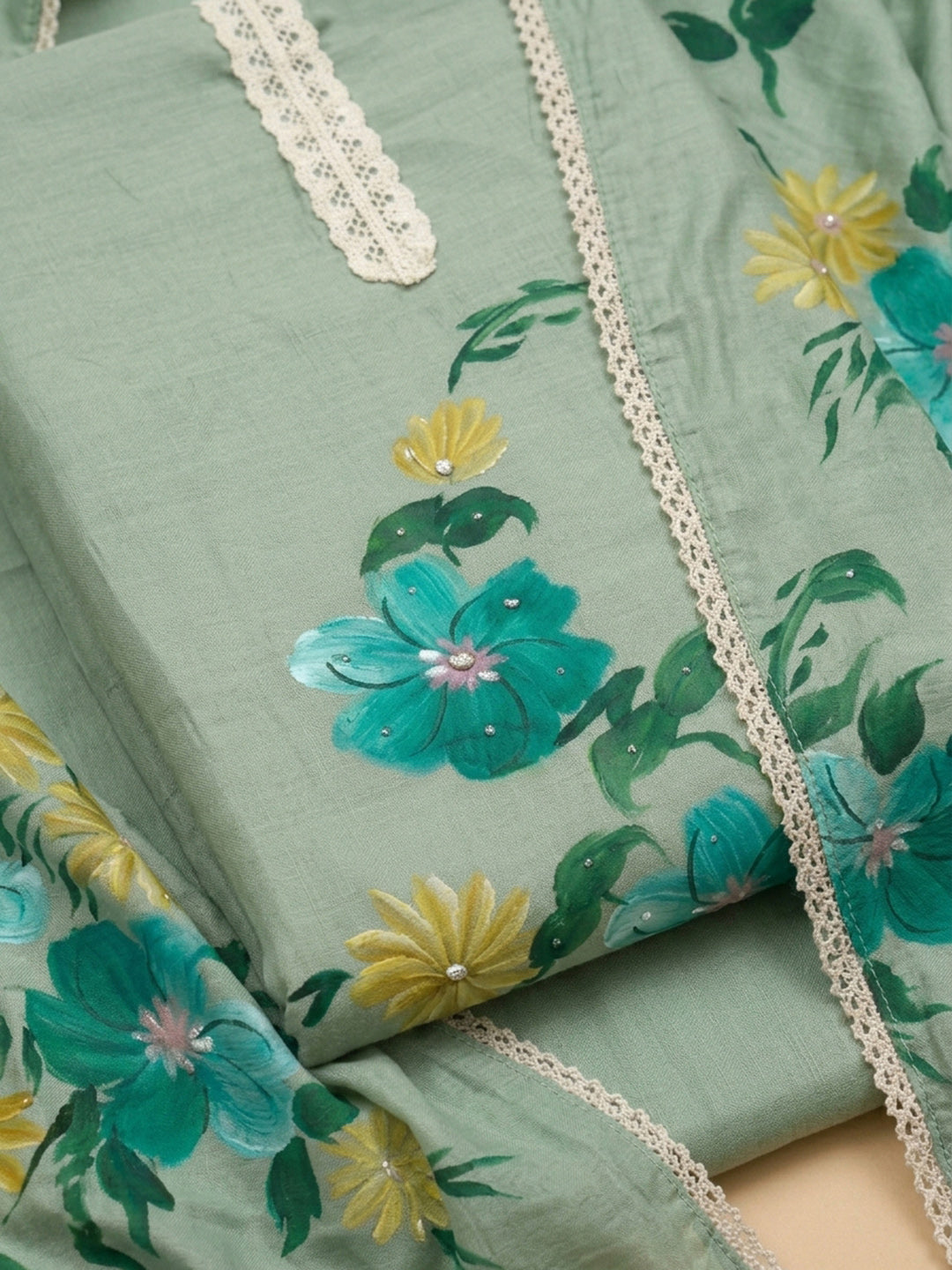 Aqua Green Printed Linen Blend Unstitched Dress Material