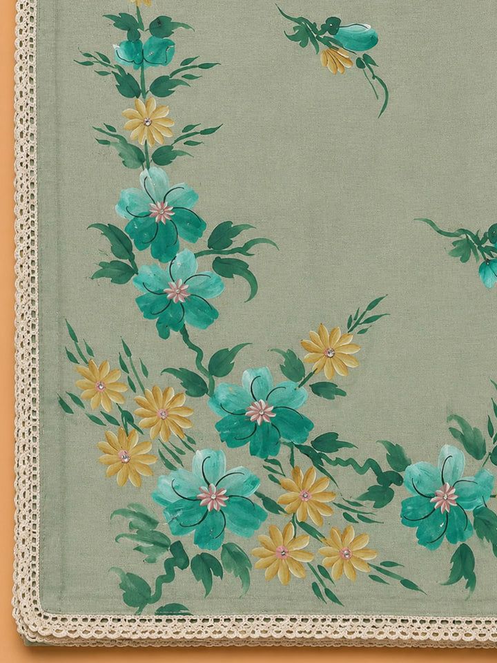 Aqua Green Printed Linen Blend Unstitched Dress Material