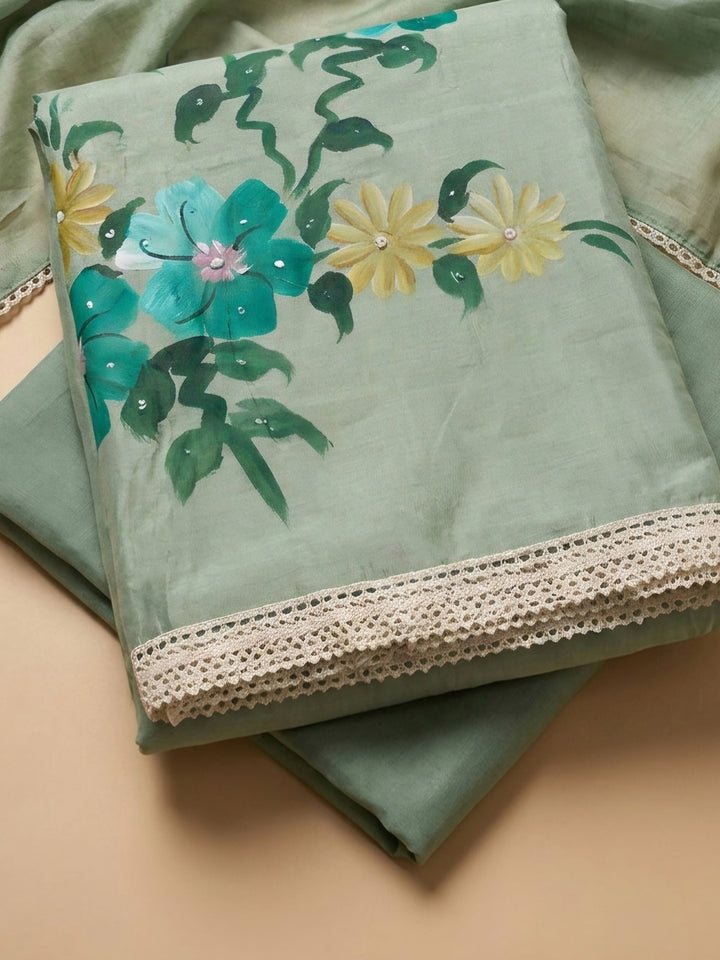 Aqua Green Printed Linen Blend Unstitched Dress Material
