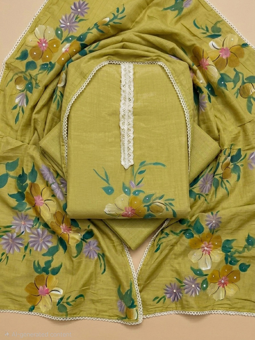 Mehndi Printed Linen Blend Unstitched Dress Material
