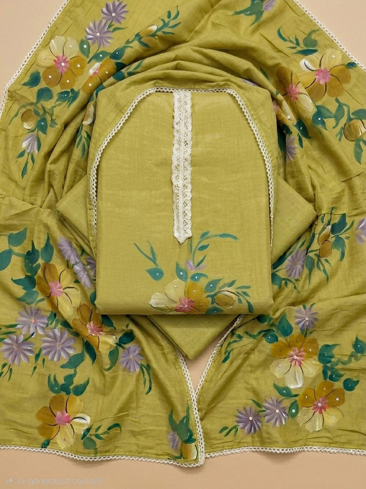 Mehndi Printed Linen Blend Unstitched Dress Material
