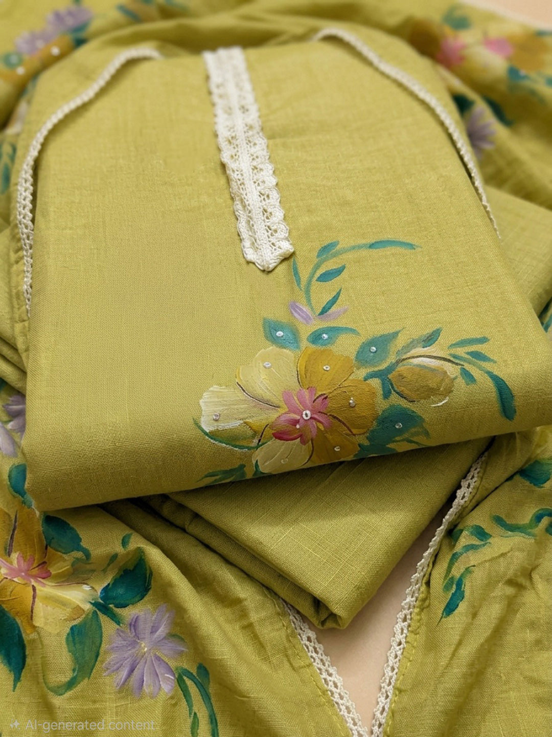 Mehndi Printed Linen Blend Unstitched Dress Material