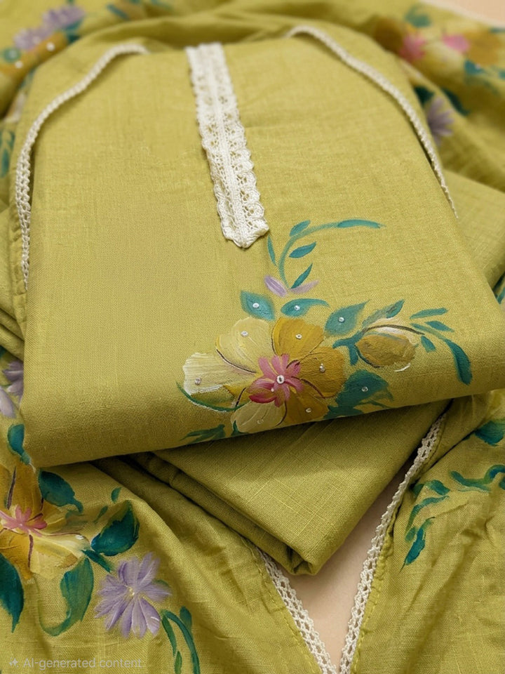 Mehndi Printed Linen Blend Unstitched Dress Material