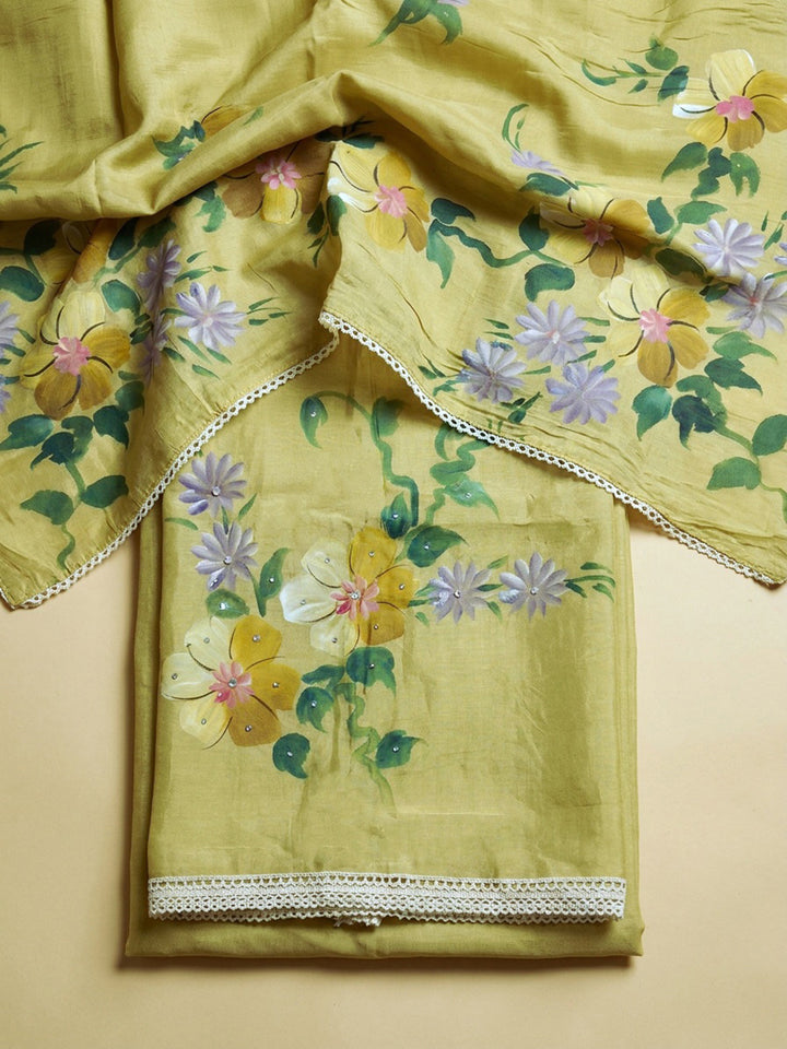 Mehndi Printed Linen Blend Unstitched Dress Material