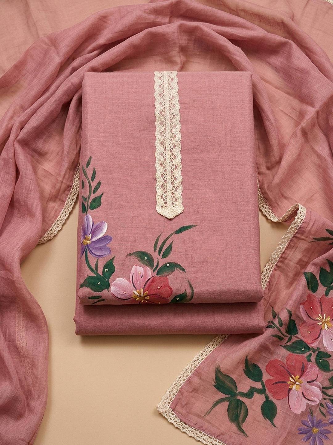 Onion Pink Printed Linen Blend Unstitched Dress Material