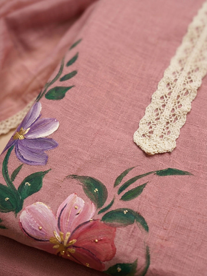 Onion Pink Printed Linen Blend Unstitched Dress Material