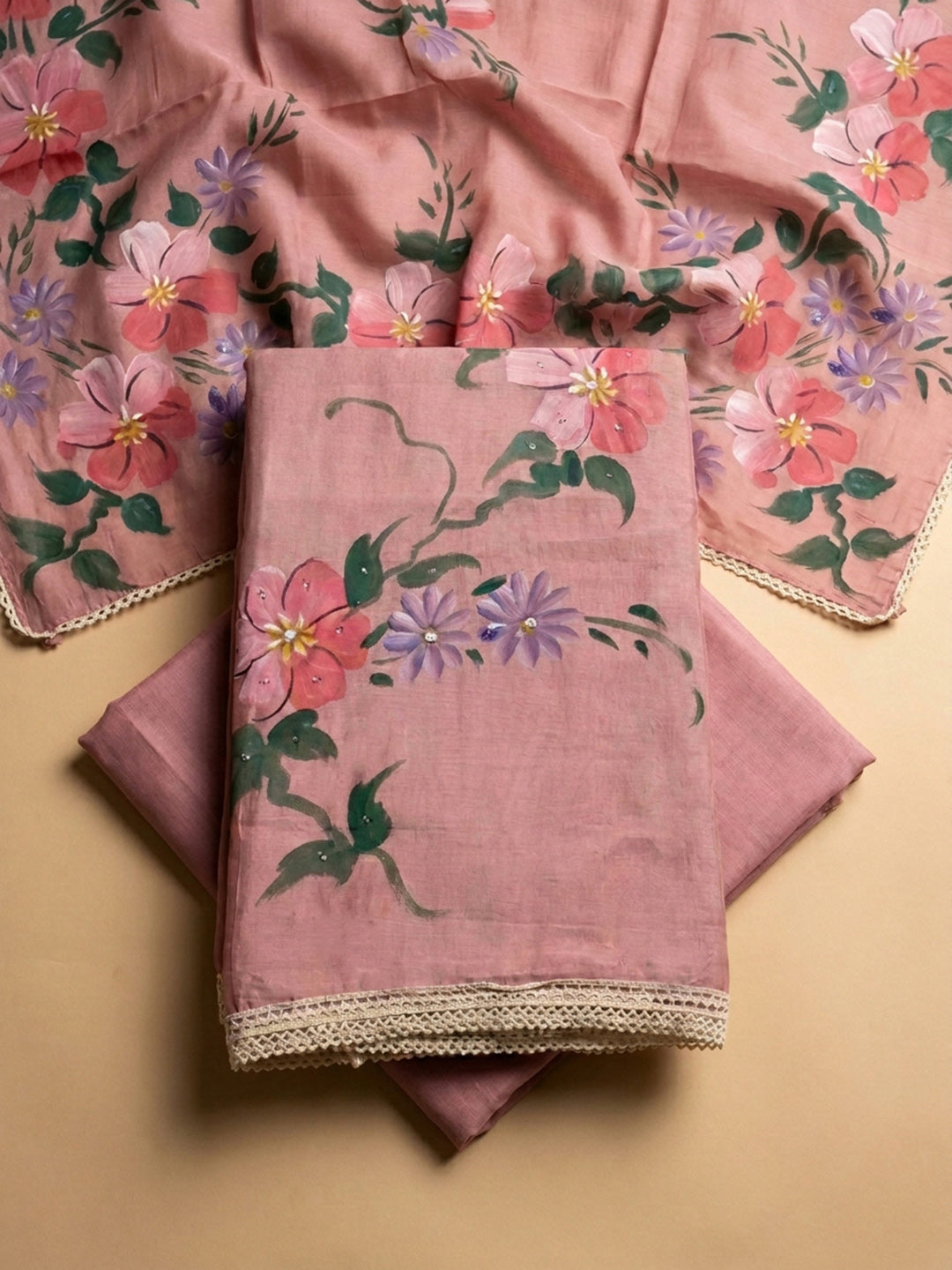 Onion Pink Printed Linen Blend Unstitched Dress Material
