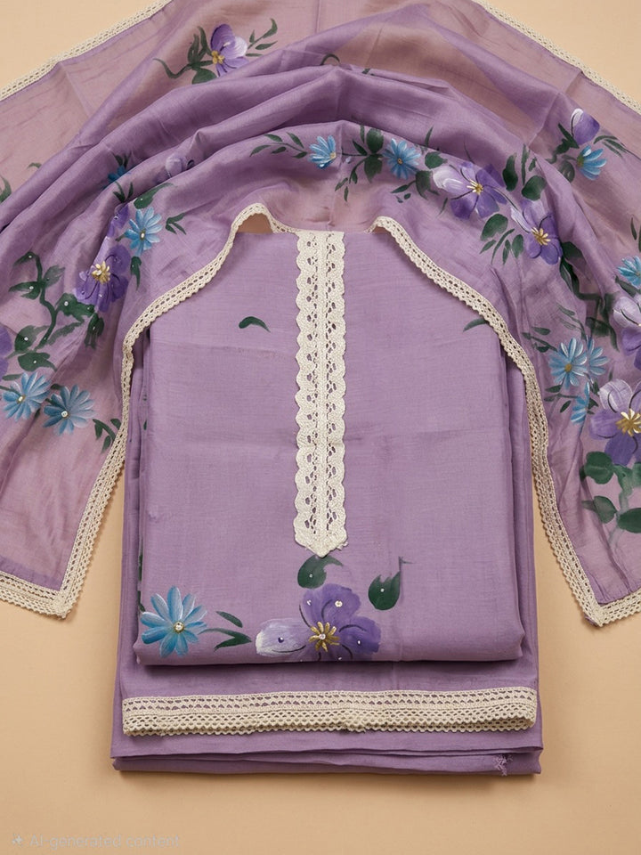 Purple Printed Linen Blend Unstitched Dress Material