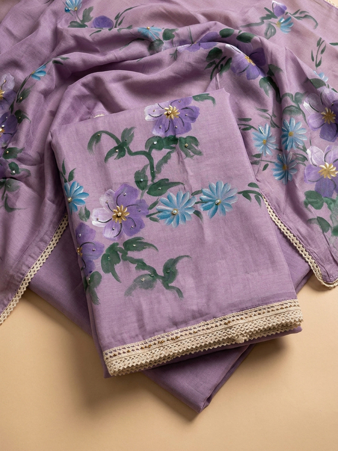Purple Printed Linen Blend Unstitched Dress Material